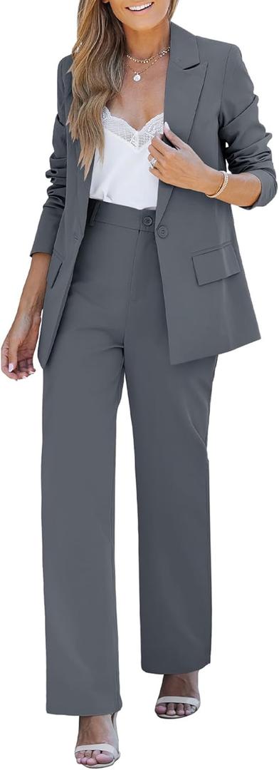 LookbookStore 2 Piece Pant Suits for Women Dressy Blazer High Waisted Pants Sets Business Casual Outfits (Small, Gray)
