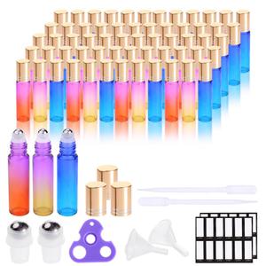 PrettyCare 60 Pack, 10 ml Essential Oil Roller Bottles with Stainless Steel Roller Ball - Bulk Refillable Leak-proof Empty Thick Rainbow Glass Roll on Bottles with Metal Caps for Travel, Perfume