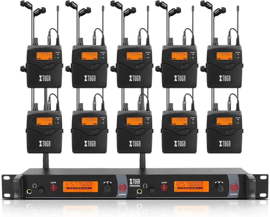 XTUGA RW2080 Wireless in Ear Monitor System, Mono IEM System with 10 Receivers, UHF 2 * 40 Frequencies, 300Ft Stable Transmission for Musicians,Band,Studio & Stage Monitoring(572-599Mhz)