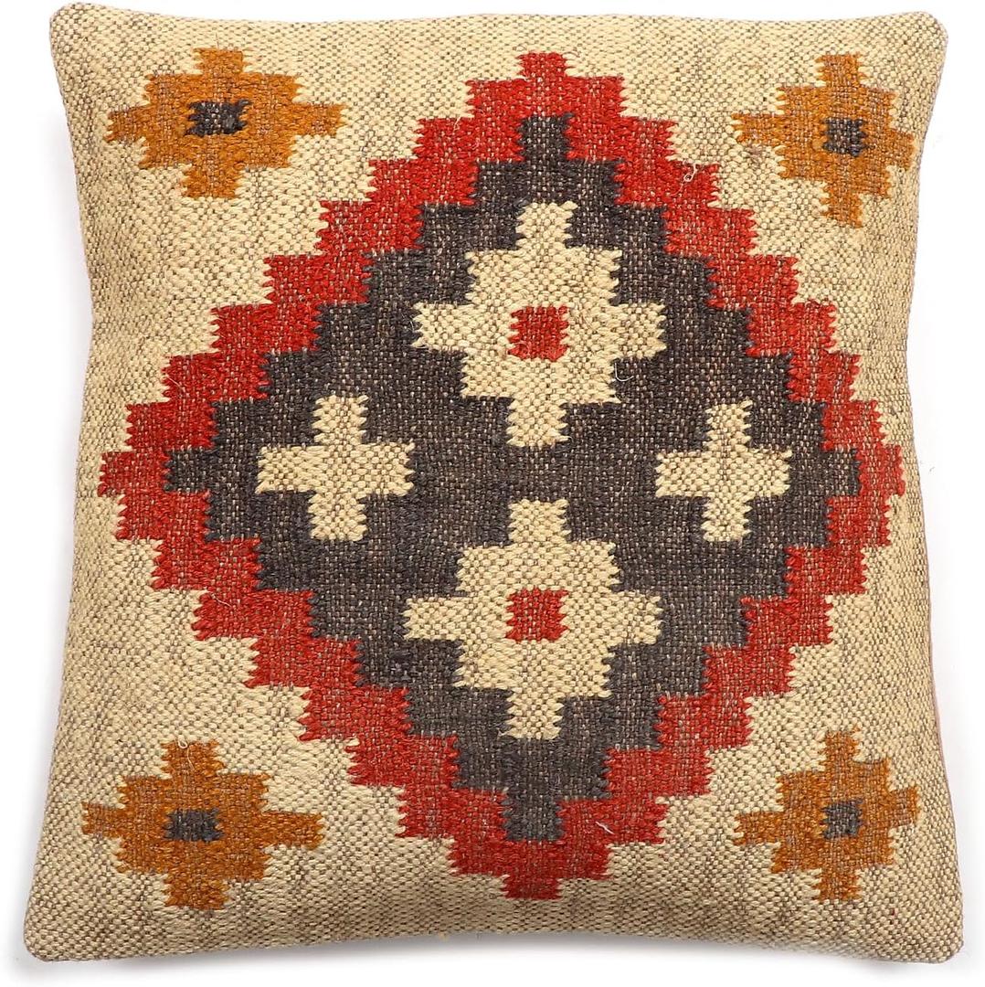 Kilim Pillow Cover Vintage Square Cushion Handwoven Pillow Case Ethnic Pillow Cover 18 X 18 Indian Jute Decorative Pillow Home Decor Pillows (Pattern 61)