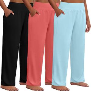 NEER 3 Pack Pants for Women Wide Leg Casual Pant Drawstring Stretchy Waist Trousers with Pockets, Size M, Color: Blue, Black, Pink