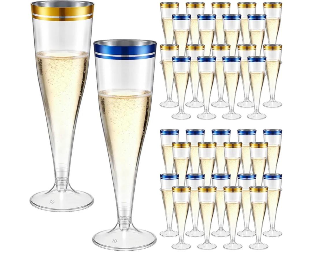 Skylety 100 Pcs Champagne Flutes Bulk 4.5 oz Clear Plastic Toasting Glasses Plastic Champagne Glasses Disposable Cocktail Cups with Rim for Wedding New Years Eve(Gold,Blue)