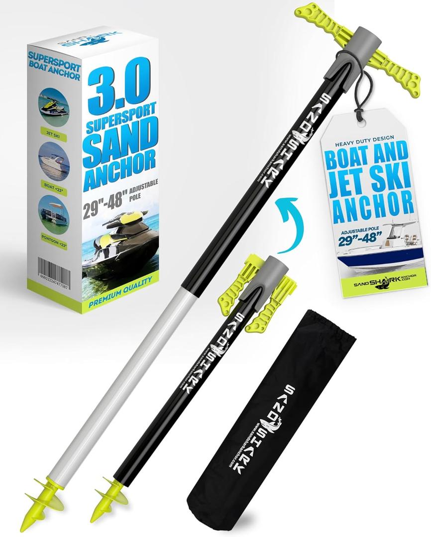 SandShark Supersport 3.0 Shallow Water Anchor - Great Jet Ski, PWC, Pontoon Boat Accessory - Adjusts 29"-48" w/Case (Neon Green)