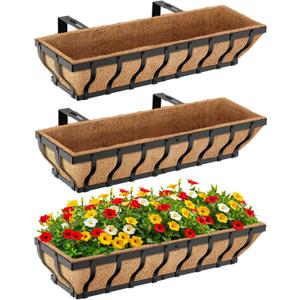 VOXOR Railing Planter Boxes, Heavy Duty Window Box Planters, Adjustable Balcony Planters for Railing Hanging, with Coco Liner & Support Rod for Deck, Porch, and Patio Gardening (3 Pack, 30 Inch)