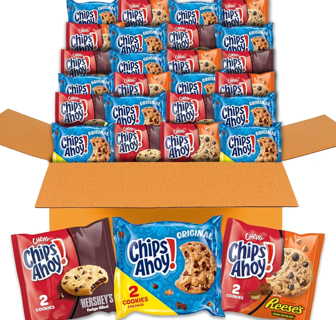 CHIPS AHOY! Cookies Variety Pack, Original Chocolate Chip, Chewy Chocolate Chip with Reese's Peanut Butter Cups & Chewy Hershey's Fudge Filled Soft Cookies, 50 Snack Packs, Best By: 14/FEB/2026