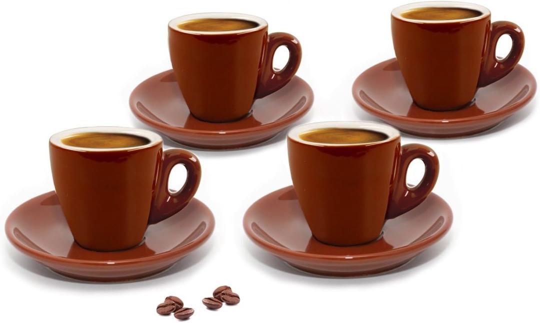 CUISINOX Brown Porcelain Espresso Cups and Saucers, 4 Sets (2 oz each)