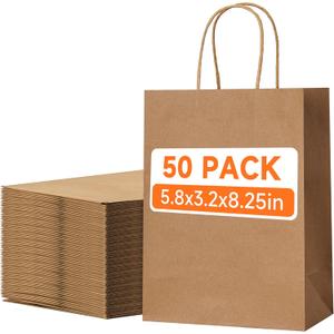 50 Pack Small Brown Paper Gift Bags with Handles, 5.8"x3.2"x8.25" Kraft Paper Gift Bags for Retail, Birthday Parties, Shopping, Versatile Craft Bags & Goodie Sacks