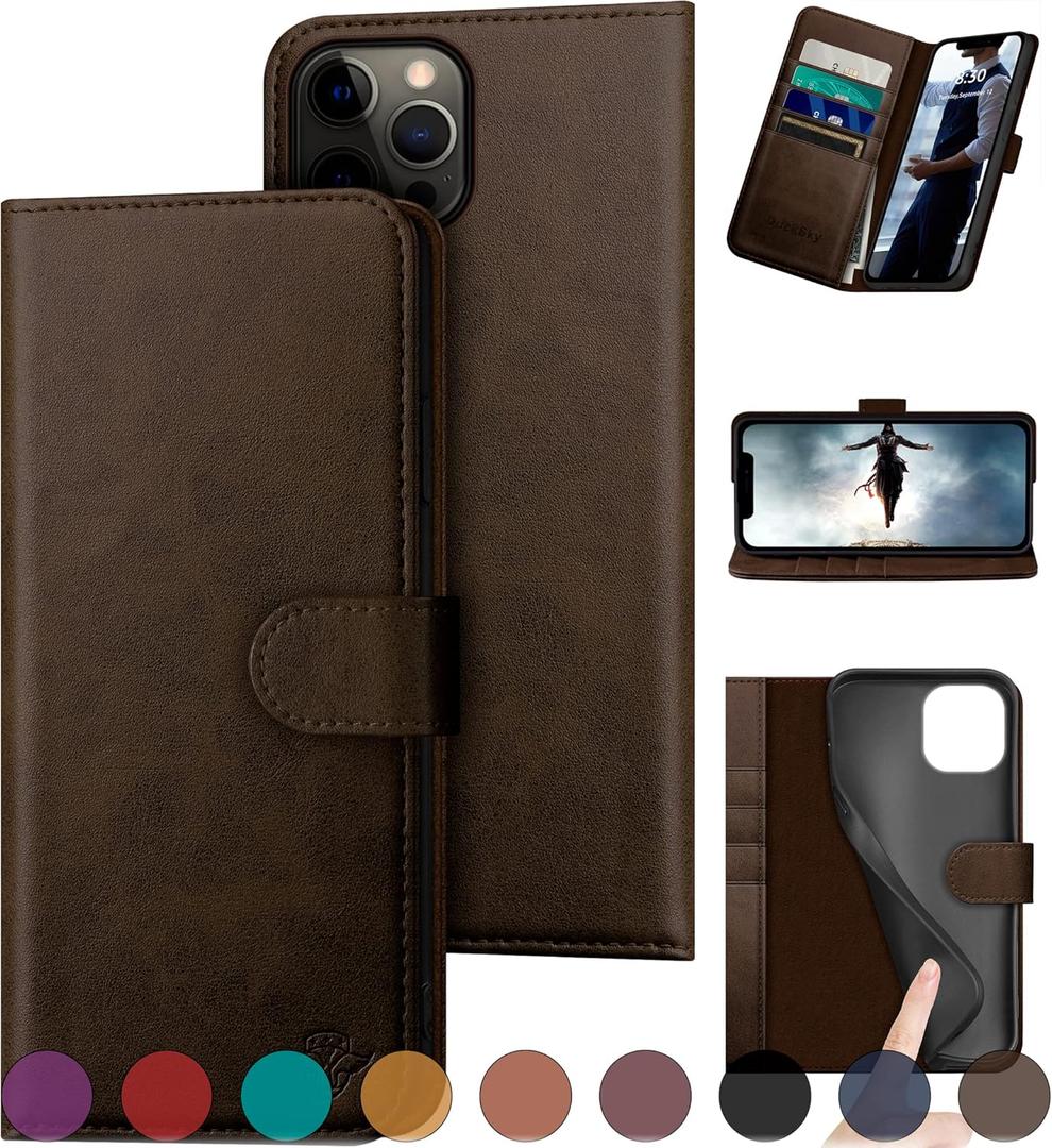 for iPhone 12/12 Pro 6.1" Genuine Leather Wallet case RFID Blocking4 Credit Card HolderReal Leather Flip Folio Book Phone case Protective Cover Women Men for Apple 12 case Brown (Brown)