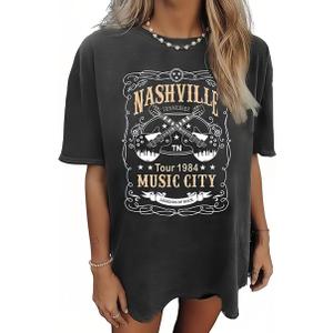 Oversized Country Music T-Shirt Women Crew Neck Summer Short Sleeve Oversized Rock Band Tee Tops Dark Gray, large