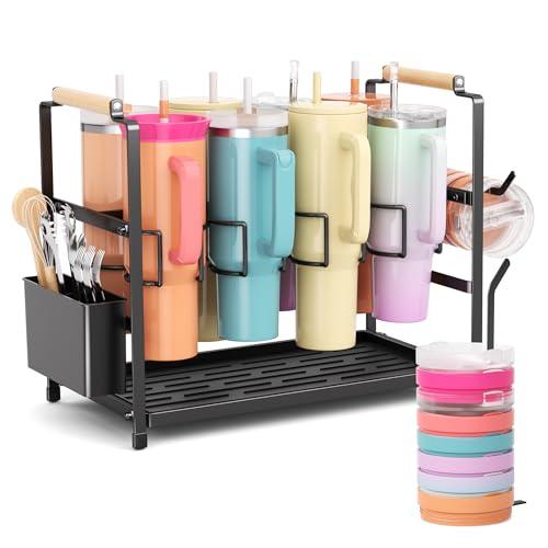 Ftikvo Tumbler Water Bottle Organizer for 40 oz Tumbler with Handle, 2 in 1 Multi-Functional Stanley Cup Storage Holder, Stanley Cup Stand Organizer Drying Rack for Kitchen Cabinets Organizer, 8 Slots