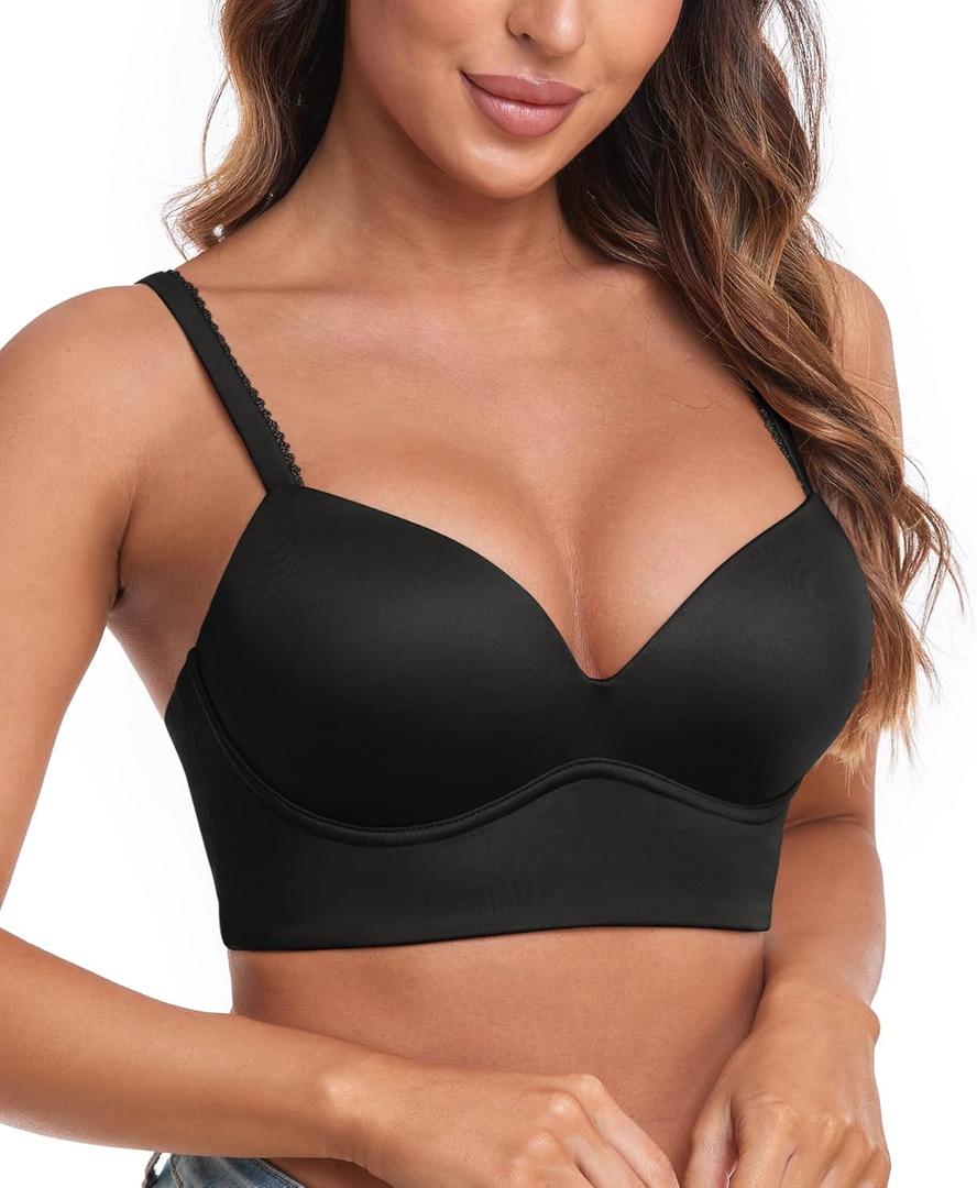 HACI Women's Plunge Push Up Bra Wirefree V Neck Padded T Shirt Longline Padded Supportive (32D, Black)