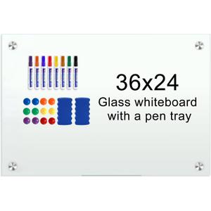 H-Qprobd Glass Whiteboard 36"x24" Magnetic Dry Erase White Board for Wall, Includes 12 Magnets, 8 Markers and 2 Erasers (Glass 36"x24")