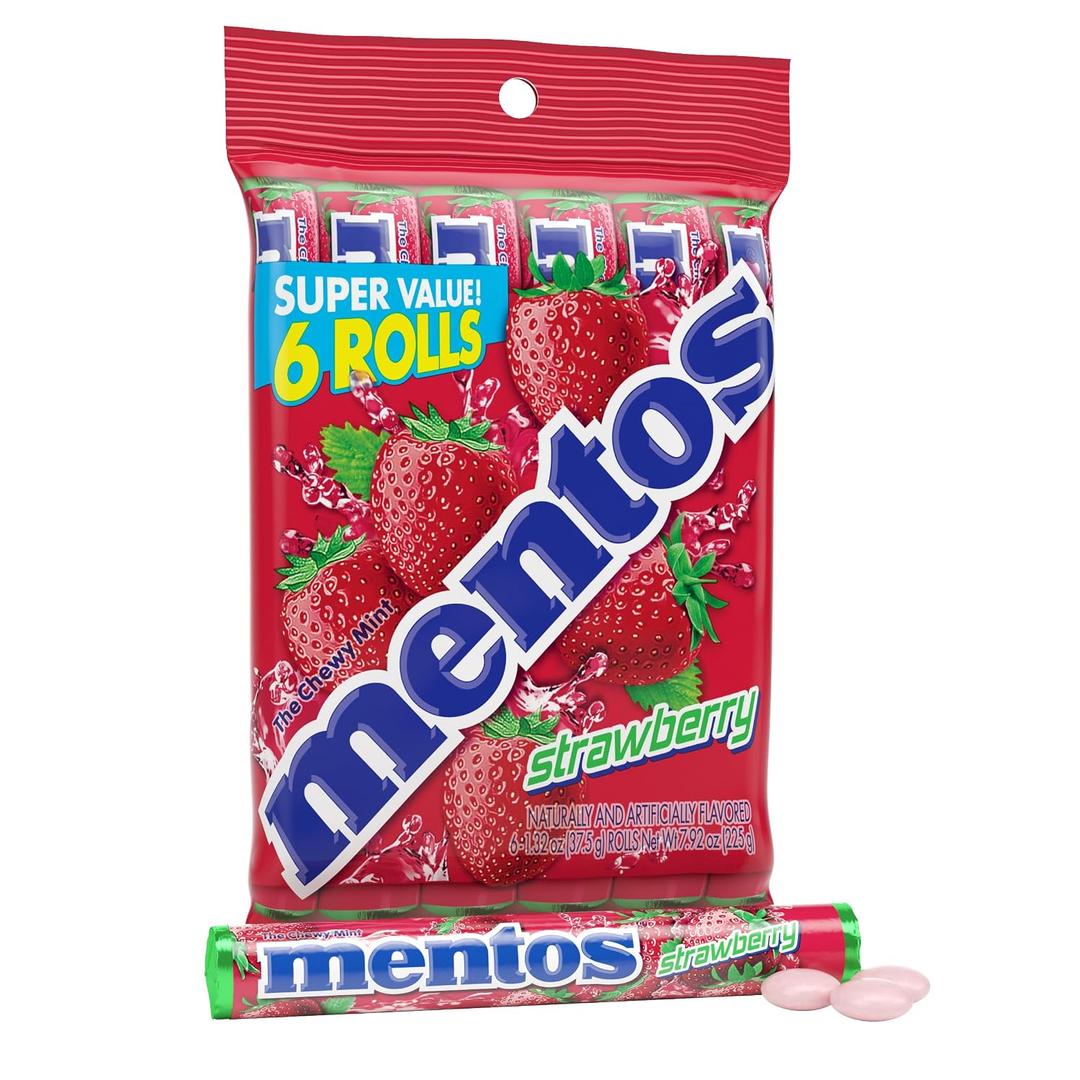 Mentos Chewy Mint Candy Roll, Strawberry, 14 Pieces Per Roll, 6 Count Pack | Individually Wrapped Candy for Kids & Adults, Bulk Candy, Great for Parties, Birthdays, Holidays (EXP 11/30/26)