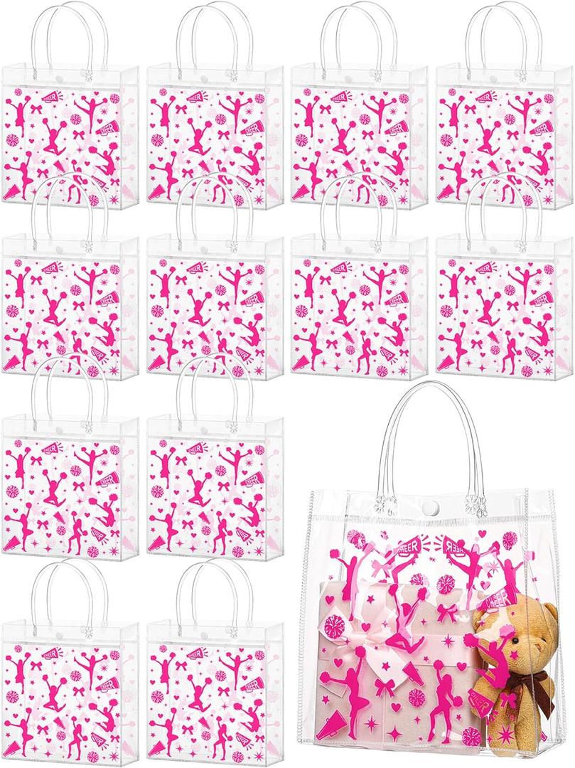 Sweetude 24 Pcs Cheer Clear Treat Bags with Handles for Cheer Team Cheerleader Gift Bag Bulk Cheerleader Party Supplies (pink)