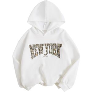 COZYEASE Girl's Letter Camo Graphic Hooded Sweatshirt Long Sleeve Drop Shoulder Hoodie 2025 Fall Outfits Pullover Tops (White, 12 Y)