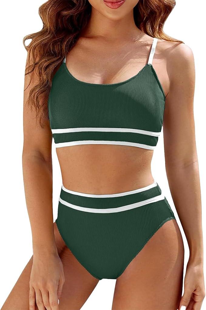 SRTUMEY Women Deep V Neck Swimsuit Women's High Waisted Bikini Sets Sporty Two Swimsuit Color Block High Neck Bathing Suit Sale Clearance Summer Swim Suit, Medium