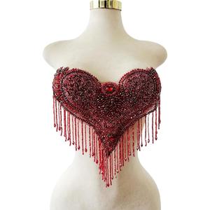 Unique Design Pure Handsewing Beads Applique sew on Rhinestones Crystal Tassel Patches Trimming for Wedding Party Evening Dress Accessories 18X12inches (Wine Red)18X12inches