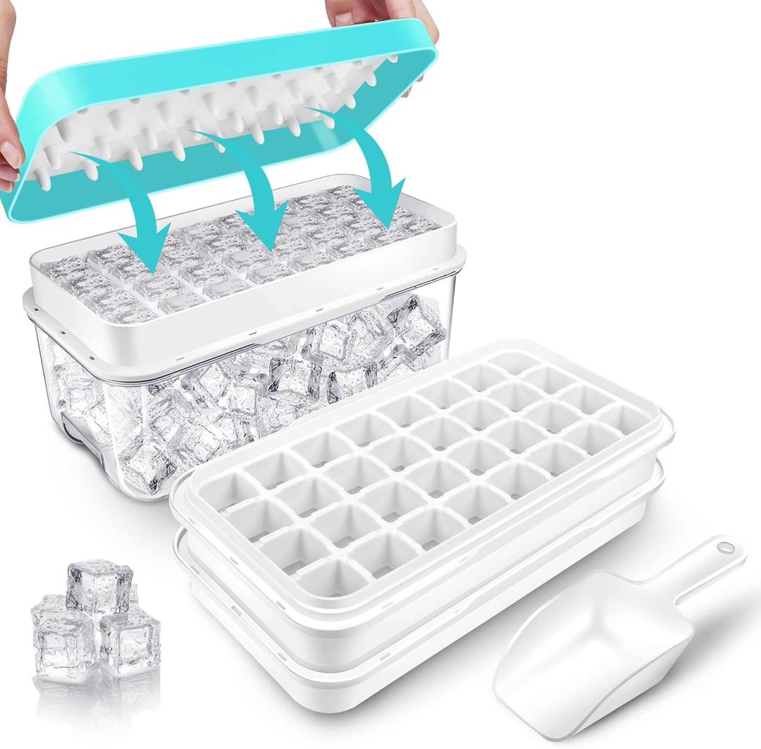 Ice Cube Trays for Freezer With Bin, Scoop, and Press Plate - 2 Tiers, Lid Included (Blue)