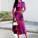 ECOWISH Long Sleeve Midi Formal Dress Women Fall Ruched Bodycon Party Cocktail Club Mesh Dresses Crewneck Floral Tie Dye Slit (S)