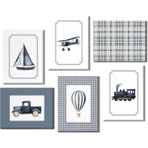 6Pcs Vintage Transportation Nursery Canvas Wall Art Navy Blue Hot Air Balloon Biplane Train Truck Sailboat Pictures Wall Decor Blue Vintage Nursery Poster Prints for Bedroom Playroom Decor 8"x10"