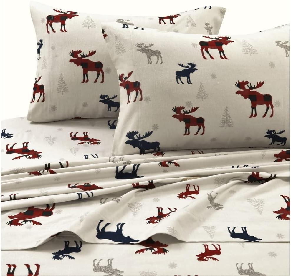 Tribeca Living Flannel Sheets in King Size, Deep Pocket 100% Cotton, 170 GSM Extra Deep Pocket 24-Inch 4 Piece Sheet Set inPlaid Moose Print