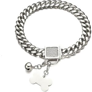Dog Chain Collar Silver Cuban Link Dog Necklace with Cubic Zirconia Design Buckle Collar with Dog tag, Bell,10/14/18MM Wide Stainless Steel Walking Training Collar for Dogs (18mm,14'')