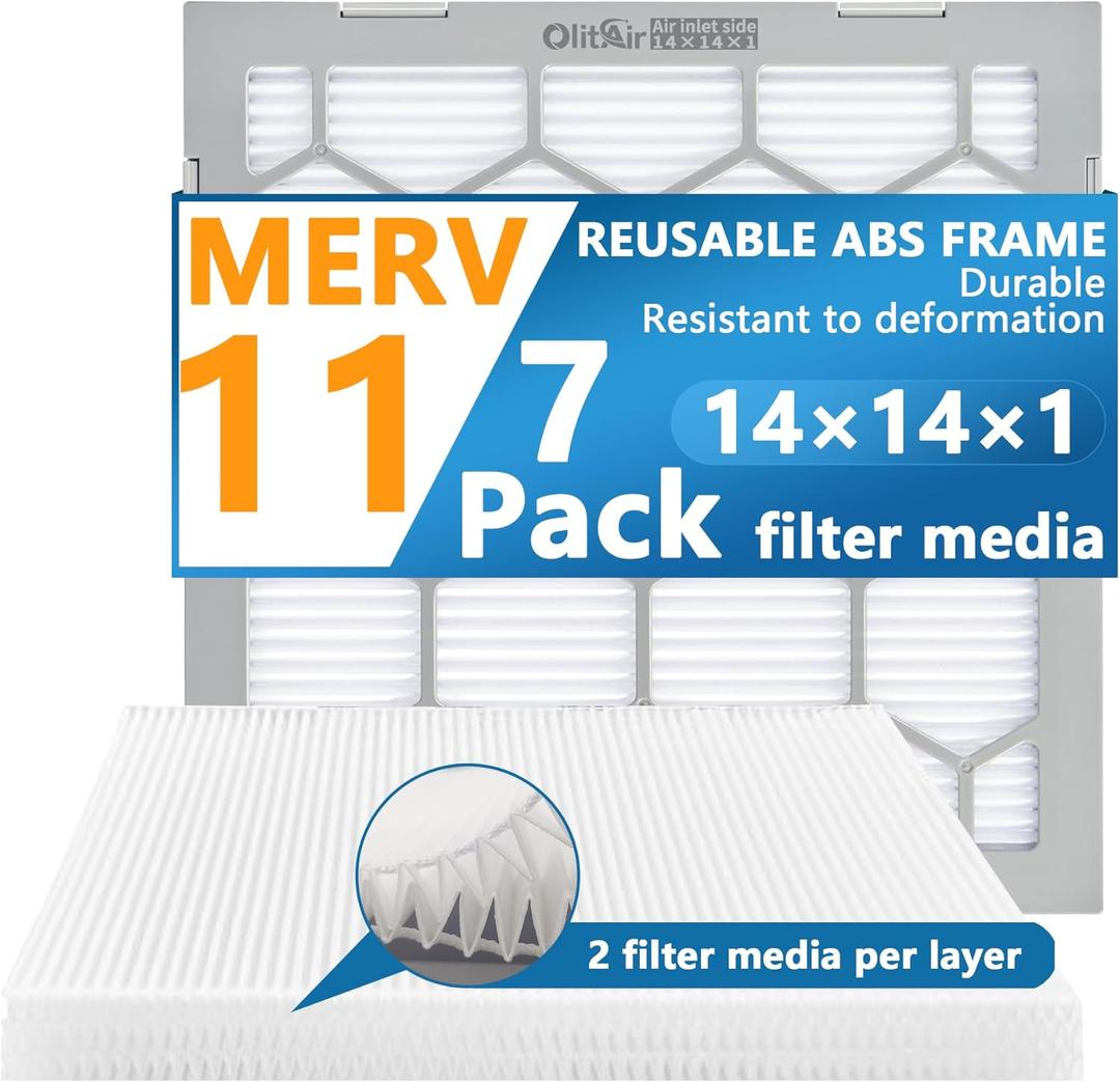 14x14x1 MERV 11 Air Filter,AC Furnace Air Filter,Reusable ABS Plastic Frame, 7 Pack Replaceable Filter Media (Actual Size: 13 3/4" x 13 3/4" x 3/4")