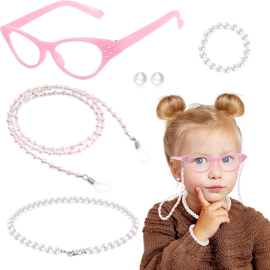 5 PCS Old Lady Costume Set Include Glasses,Glasses Chain,Necklace Bracelet for 100 Days of School Granny Dress Up