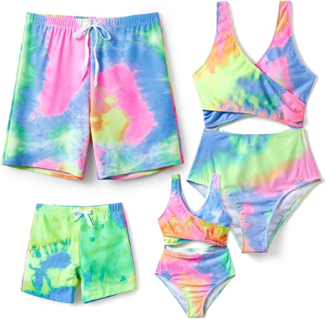 PATPAT Family Matching Swimsuits Swimwear: Mommy and Me Striped Spliced One-Piece Matching Swimsuits Set (2T, Colorful Tie-dye)