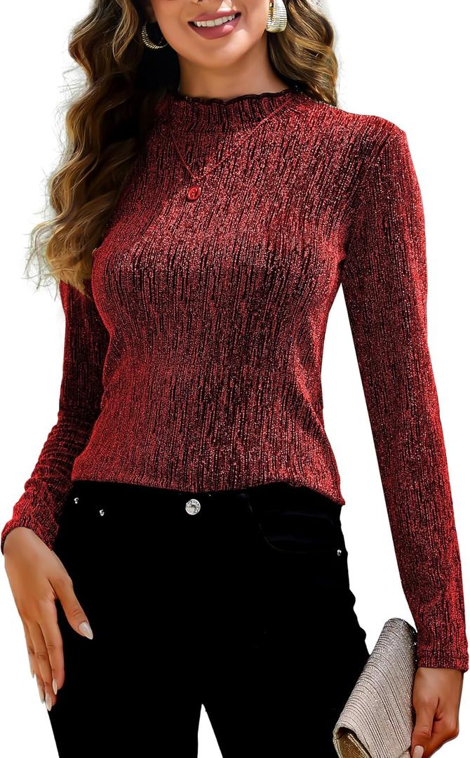 YYA Women's Sparkly Tops for Women Ruffle Sparkly Shiny Turtle Neck Shirts Long Sleeve Slim Fitted Tops S-XXL (Red)