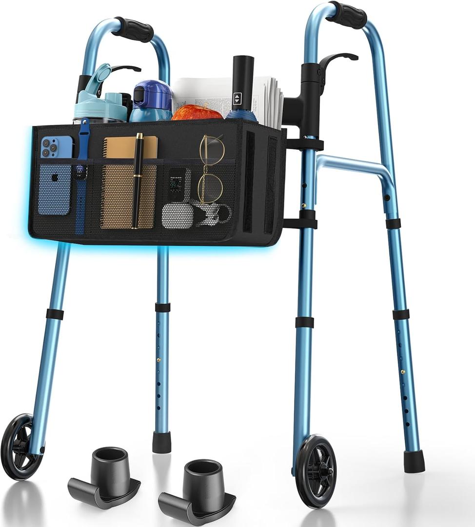 Folding Walker for Seniors, Compact Rolling Walker with Basket and 2 Skis, Lightweight Aluminum Standard Walker Adjustable Height Supporting Up to 350lbs, Blue