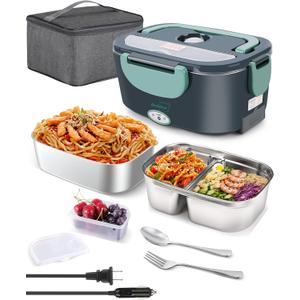 Buddew Electric Heated Lunch Box, 80W Fast Heating with Dual 1.5L Food-Grade 304 Stainless Steel, 12V/24V/110V Portable Food Warmer for Car Truck Office Adults, Lonchera Electrica Portatil (Green)
