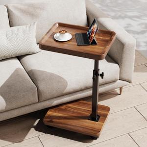 C Table End Table Adjustable Height, 360Swivel TV Tray Table for Small Spaces, Side Tables with Wheels for Living Room and Bedroom, Bed (Walnut), L15.7*W11.8