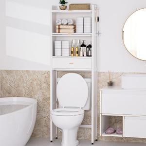 Over The Toilet Storage Shelf with Drawer, Above Bamboo Bathroom Organizer Cabinet with Anti-Tip and Waterproof Feet Pad Design, Freestanding Shelf for Bathroom (White)