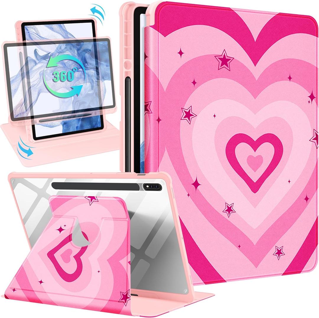 Wazzasoft for Samsung Galaxy Tab S7 Fe/S7 Plus/S8 Plus Case 12.4 Inch Folio Cover Pencil Holder Women Girls Cute Girly Heart Unique Design Rotating Tablet S8 Plus 2022/S7 Plus 2021/S7 FE 5G Cases