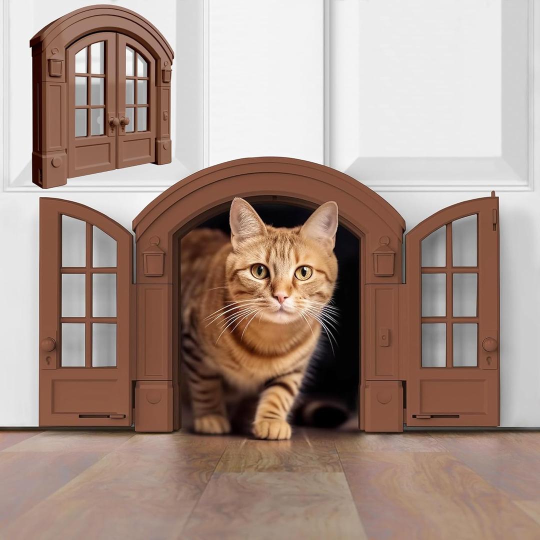 Purrfect Portal French Cat Door - Stylish No-Flap Cat Door Interior Door for Average-Sized Cats Up to 20 lbs, Easy DIY Setup, Secured Installation in Minutes, No Training Needed, 7.13 x 8.32 (Brown)