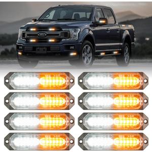 8-Pcs 12 LED Sync Feature Emergency Strobe Grille Lights Ultra Slim Surface Mount Hazard Warning Flashing Light Bar for Firefighter/Construction/Police/Trucks/Vehicles/Car/SUV (Amber/White)