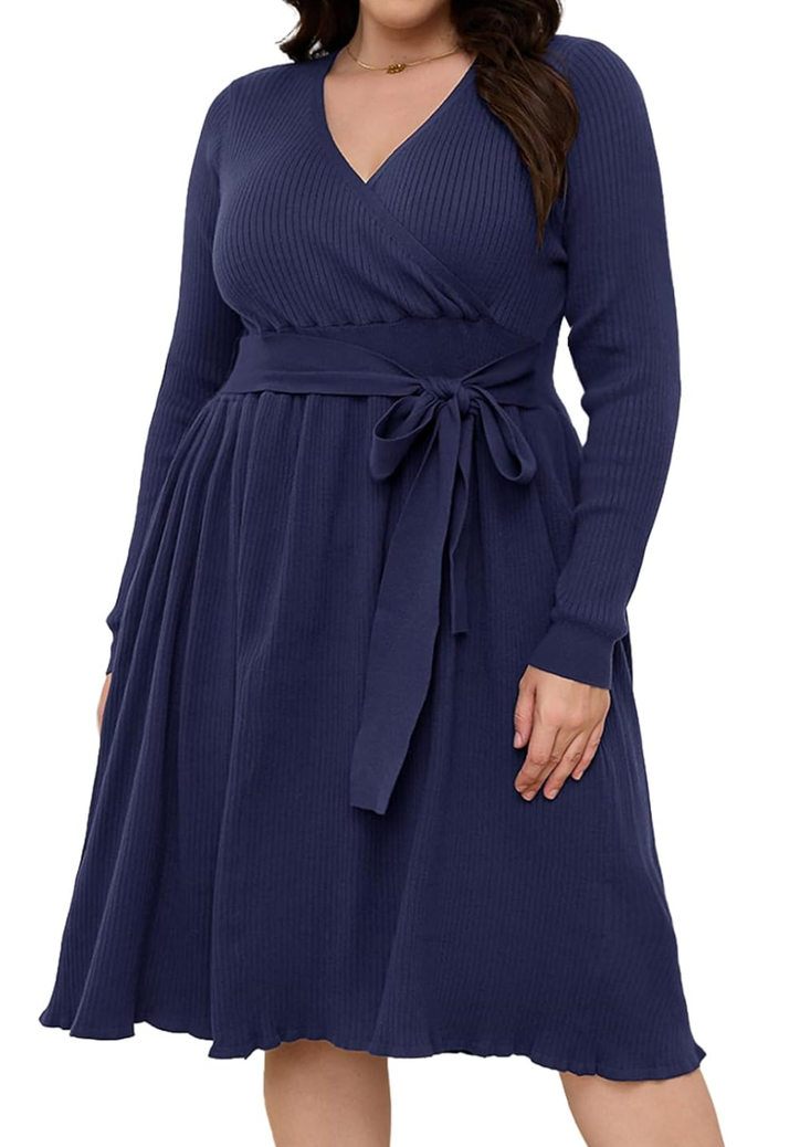 Women’s Plus Size Sweater Dress Long Sleeve V Neck Wrap Tie Waist A-Line Casual Ribbed Knit Fall Winter Midi Dress XXL