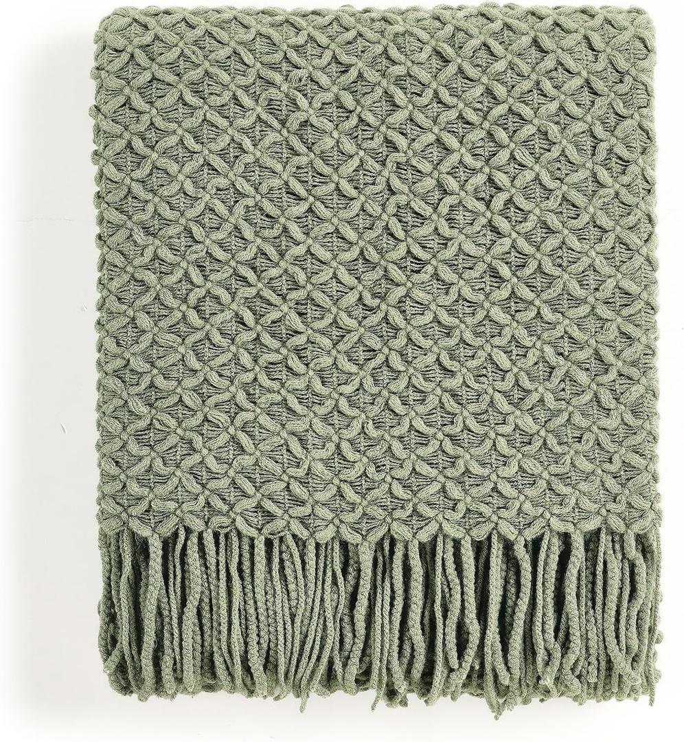 CREVENT Farmhouse Boho Knitted Throw Blanket for Couch Sofa Chair Bed Home Decoration, Soft Warm Cozy Light Weight for Spring Summer Fall (50''X60'' Sage Green)