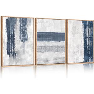 HLNIUC Navy Blue Abstract Framed Wall Art Set, Neutral Minimalist Canvas Wall Decor, Mid Century Modern Wall Painting, Grey Geometric Art Print for Living Room, Bedroom, Office - 24"x36"x3