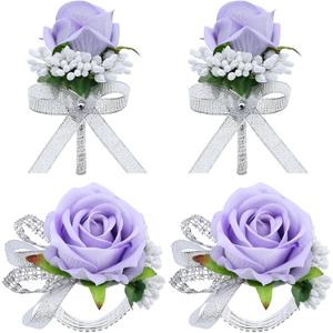 4Pcs Purple Rose Corsage and Men Boutonniere Set Women Wristlet Band Wrist Bracelets, for Prom Wedding Ceremony Flowers Decorations and Homecoming Party Accessories