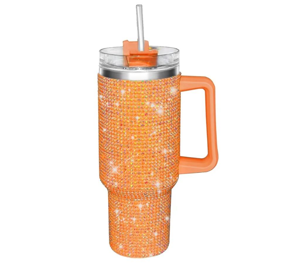 40oz Tumbler with Handle-Glitter Rhinestones Tumbler Bling Cups Stainless Steel Water Bottle Diamond Studded Tumbler for Women-Birthday Gifts for Women, Mom, Girlfriend (Orange)