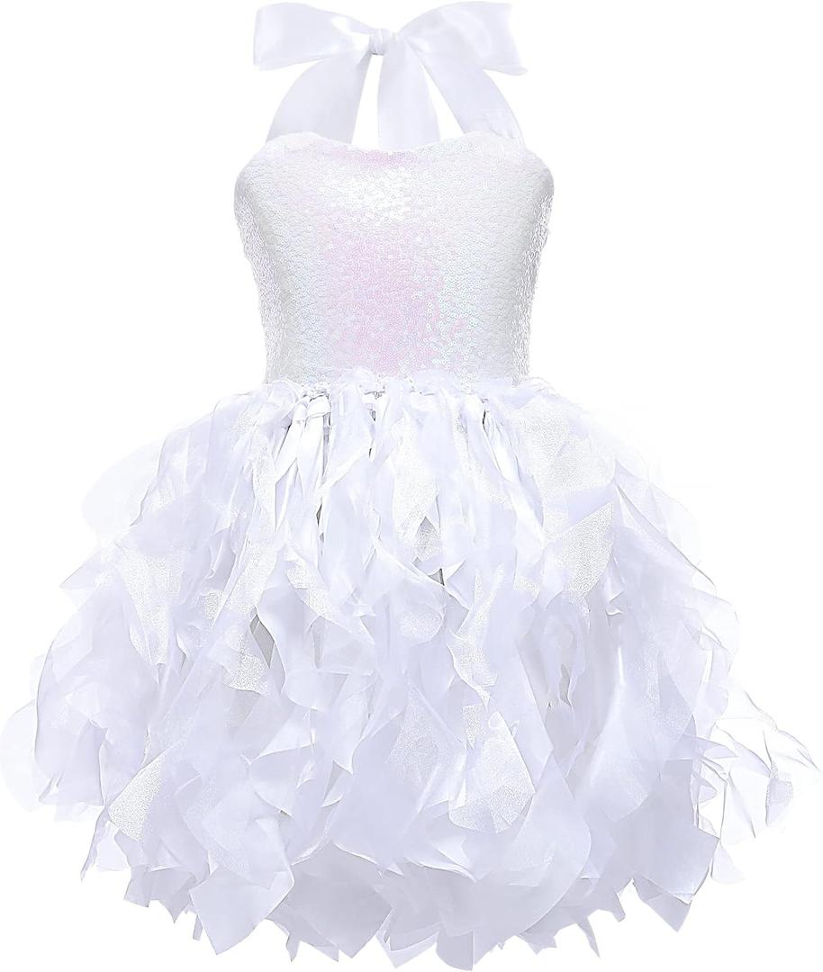 Suppromo Tutu Dress for Girls Sparkly Sequin Tulle Princess Birthday Party Prom Outfit Toddler Girls Sneaker Ball Gown Dress (10 Years, White)