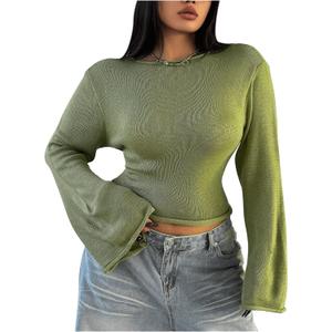 SHENHE Women's Plus Size Bell Long Sleeve Boat Neck Solid Casual Cropped Sweater Pullover (Green, XL)