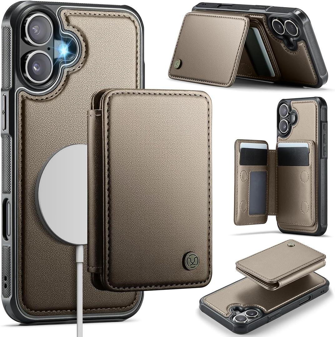 Compatible with Magsafe for iPhone 16 Wallet Case Magnetic Card Holder, RFID Blocking 2 in 1 Detachable Kickstand Shockproof Case for Women Men, Bronze Gold