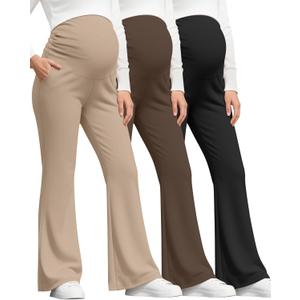 3 Pack Women's Maternity Pants Over The Belly Pregnancy Pants Comfy Bootcut Pregnant Sweatpants with Pockets (Large, Black, Brown, Khaki)