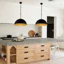 15Inch Kitchen Island Pendant Light-Matte Black with Gold Leaf Interior, Dome Chandelier for Dining Table, Bar, Cafe