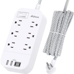 Power Strip - 10 FT Long Flat Plug Extension Cord, 6 Outlets 2 USB A 2 USB C Ports Outlet Extender with Overload Protection, Wall Mount, Desktop Charging Station for Home, Office and Dorm Essential (White)