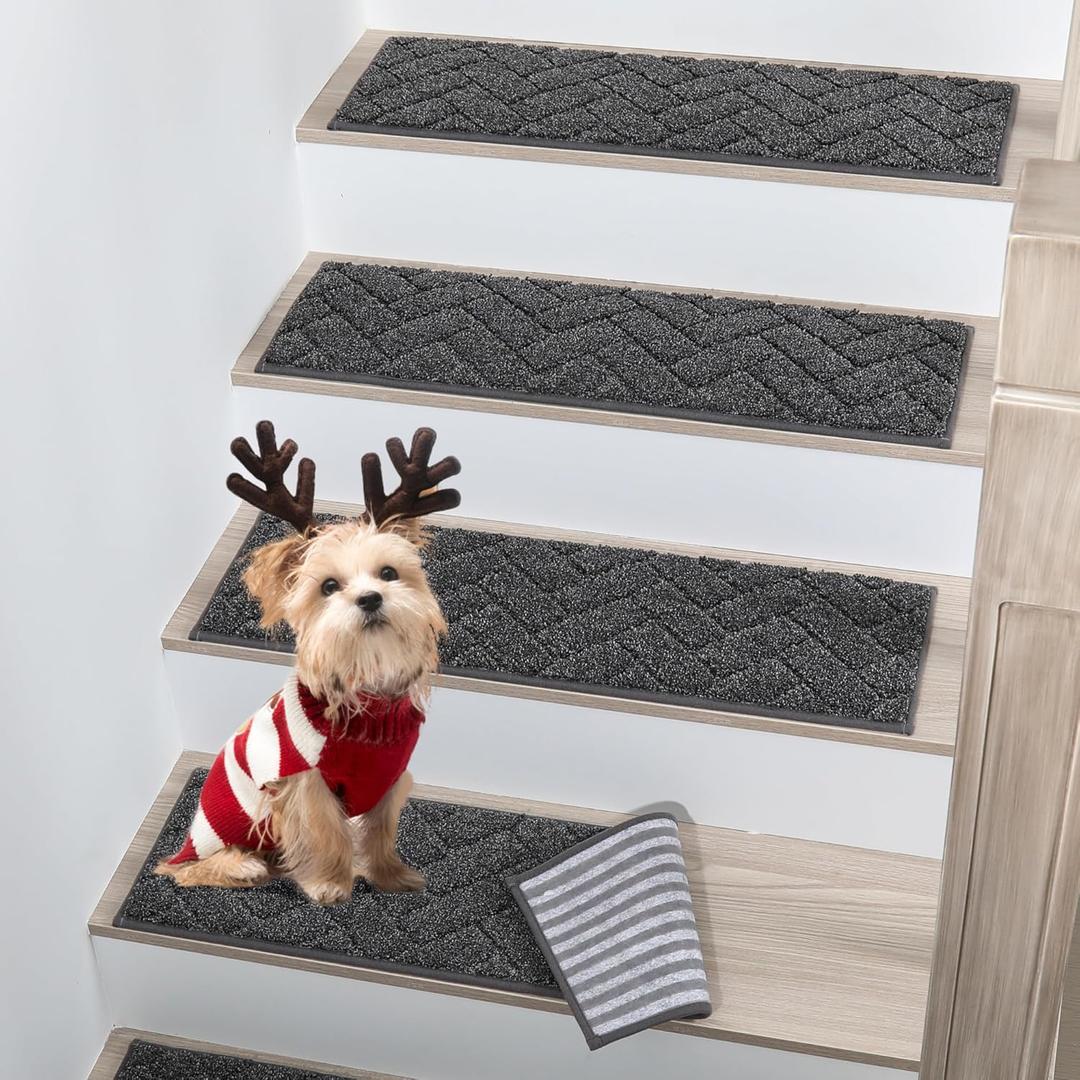 BEQHAUSE Stair Treads Non Slip Stair Runners Step Carpet Mat for Wooden Steps Indoor Machine Washable 28inX9in Edging Polyester Soft Stair Rugs for Kids Elders Pets with TPE Backing(Black,15pcs)