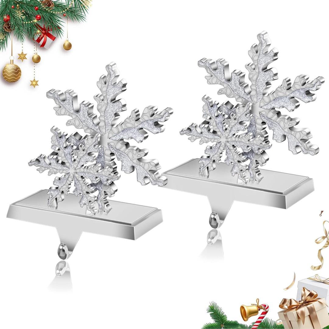 Loncaster Stocking Holders for Mantle Set of 2, Snowflakes Christmas 3D Stocking Hangers for Mantel with Shiny Metal & Glitter, Christmas Stocking Holder for Fireplace, Shelf, Tabletop (Sliver)